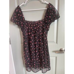 Free People Mini Dress Women’s Medium Black Puff Sleeves Floral Pink Polka Dot